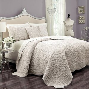 vue plush decor modern glam floral 3-piece quilt bedding coverlet set, king, ivory