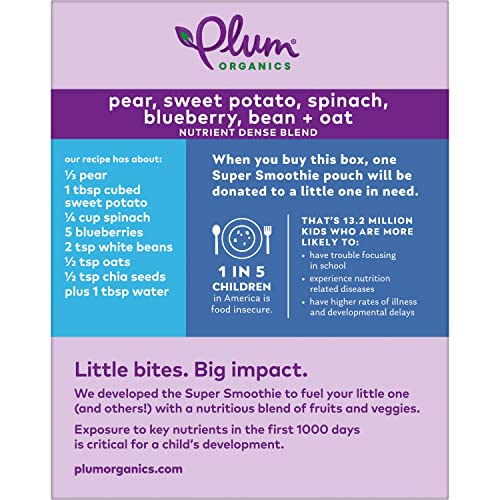 Plum Organics | Super Smoothie | Organic Baby Food Meals | Pear, Sweet Potato, Spinach, Blueberry, Beans & Oats | 4 Ounce Pouch (24 Total Pouches) Packaging May Vary