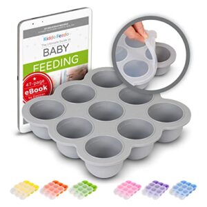 kiddo feedo multipurpose tray for freezing baby food, herbs and ice cubes. also baking mold for egg bites, muffins and frittatas - free e-book by author/dietitian - gray