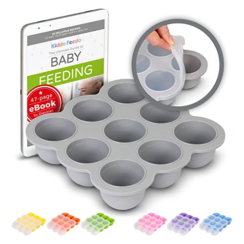 KIDDO FEEDO Multipurpose Tray for Freezing Baby Food, Herbs and Ice Cubes. Also Baking Mold for Egg Bites, Muffins and Frittatas - Free E-book by Author/Dietitian - Gray