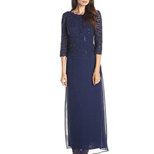 Alex Evenings Women's 3/4 Sleeve Stretch Lace Bodice Mock One Piece Gown, Navy, 10P