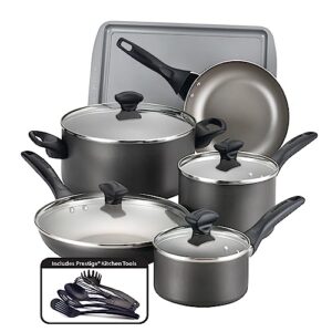 farberware dishwasher safe nonstick cookware pots and pans set, 15 piece, pewter