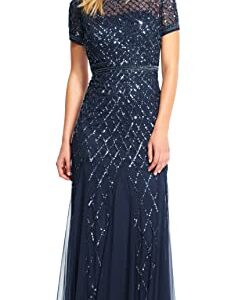 Adrianna Papell Women's Short-Sleeve Beaded Mesh Gown, Navy, 8