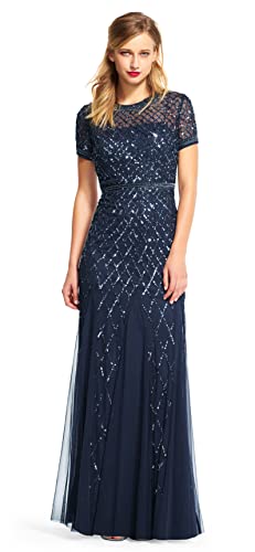 Adrianna Papell Women's Short-Sleeve Beaded Mesh Gown, Navy, 8