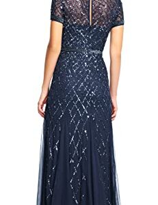 Adrianna Papell Women's Short-Sleeve Beaded Mesh Gown, Navy, 8