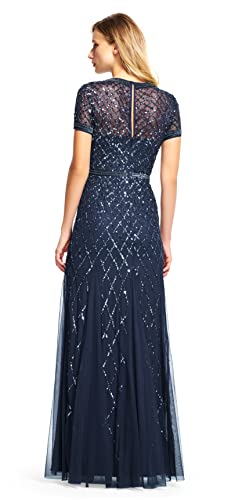 Adrianna Papell Women's Short-Sleeve Beaded Mesh Gown, Navy, 8