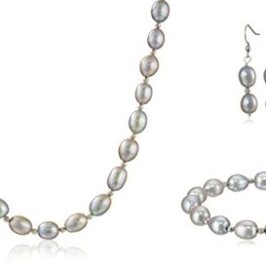 Amazon Collection Sterling Silver Grey Freshwater Cultured Pearl Necklace, Bracelet and Dangle Earrings Jewelry Set (8-9mm)