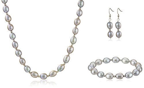 Amazon Collection Sterling Silver Grey Freshwater Cultured Pearl Necklace, Bracelet and Dangle Earrings Jewelry Set (8-9mm)