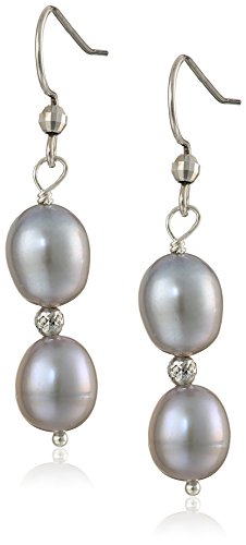 Amazon Collection Sterling Silver Grey Freshwater Cultured Pearl Necklace, Bracelet and Dangle Earrings Jewelry Set (8-9mm)