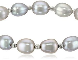 Amazon Collection Sterling Silver Grey Freshwater Cultured Pearl Necklace, Bracelet and Dangle Earrings Jewelry Set (8-9mm)