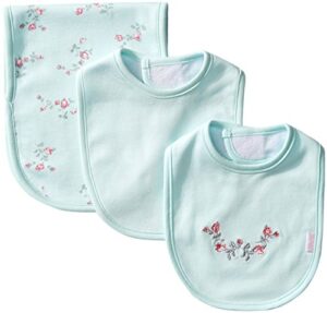 little me baby girls' 3 piece bib and burp set, floral, mint print, one size