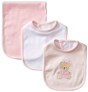 little me baby girls' 3 piece bib and burp set, bear, pink/multi, one size