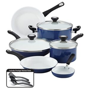 farberware ceramic dishwasher safe nonstick cookware pots and pans set, 12 piece, blue