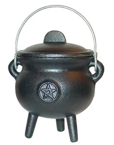 kheops international 3 inch pentagram pentacle cast iron cauldron with lid and handle - perfect incense smudge kit sage holder altar ritual burning holder