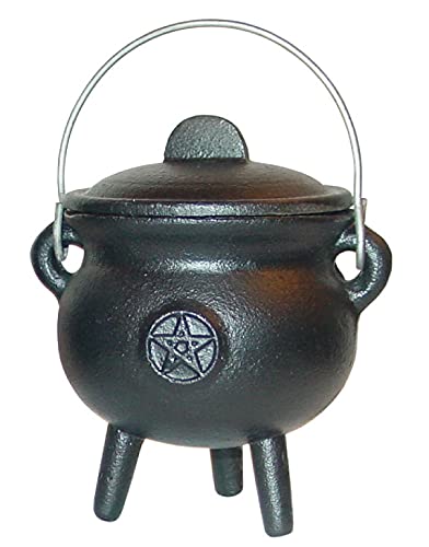 Kheops International 3 Inch Pentagram Pentacle Cast Iron Cauldron with Lid and Handle - Perfect Incense Smudge Kit Sage Holder Altar Ritual Burning Holder