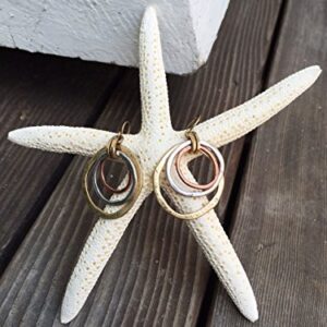 Handmade Sunrise Tricolor Dangle Earrings - Burnished Circles, Copper, Brass and Silverplated