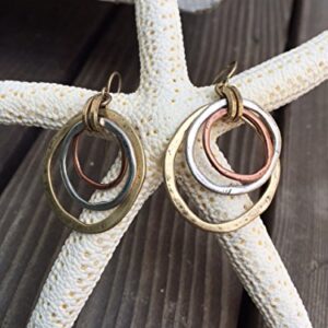 Handmade Sunrise Tricolor Dangle Earrings - Burnished Circles, Copper, Brass and Silverplated