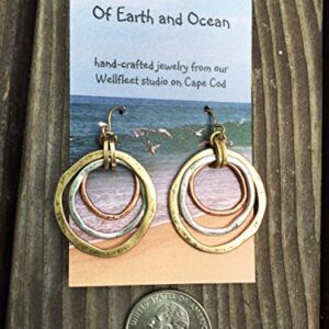 Handmade Sunrise Tricolor Dangle Earrings - Burnished Circles, Copper, Brass and Silverplated