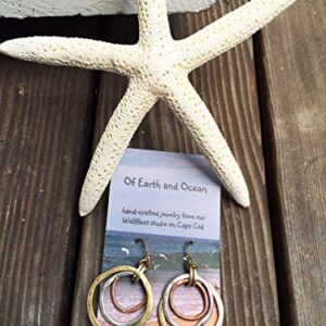 Handmade Sunrise Tricolor Dangle Earrings - Burnished Circles, Copper, Brass and Silverplated