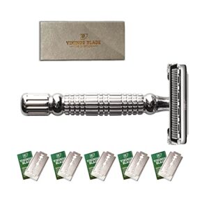 double edge safety razor by vikings blade, fat & short handle, swedish steel blades pack + luxury case. twist to open, heavy duty, reduces razor burn, smooth, close, clean shave (model: the chieftain)