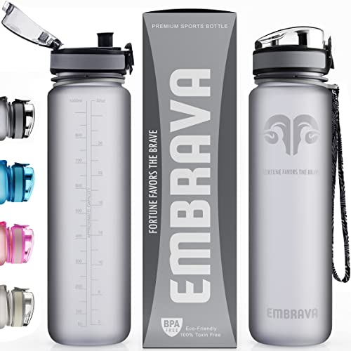 Embrava Best Sports Water Bottle - 32oz Large - Fast Flow, Flip Top Leak Proof Lid w/One Click Open - Non-Toxic BPA Free & Eco-Friendly Plastic - For Men & Women