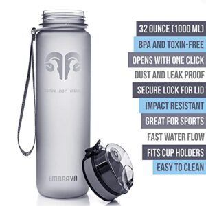 Embrava Best Sports Water Bottle - 32oz Large - Fast Flow, Flip Top Leak Proof Lid w/One Click Open - Non-Toxic BPA Free & Eco-Friendly Plastic - For Men & Women