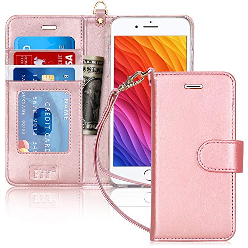 FYY Case for iPhone 6 Plus/6s Plus, PU Leather Wallet Phone Case with Card Holder Flip Protective Cover [Kickstand Feature] [Wrist Strap] for Apple iPhone 6 Plus/6s Plus 5.5" Rose Gold