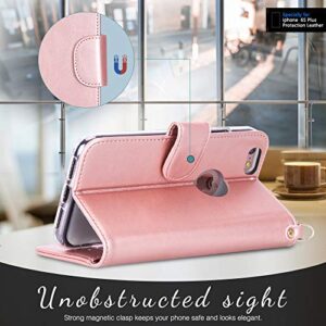 FYY Case for iPhone 6 Plus/6s Plus, PU Leather Wallet Phone Case with Card Holder Flip Protective Cover [Kickstand Feature] [Wrist Strap] for Apple iPhone 6 Plus/6s Plus 5.5" Rose Gold