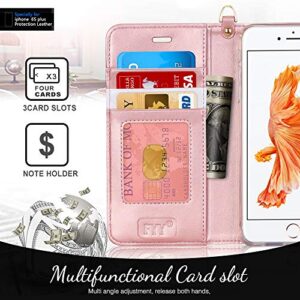 FYY Case for iPhone 6 Plus/6s Plus, PU Leather Wallet Phone Case with Card Holder Flip Protective Cover [Kickstand Feature] [Wrist Strap] for Apple iPhone 6 Plus/6s Plus 5.5" Rose Gold