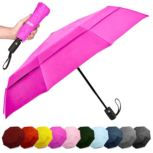 EEZ-Y Windproof Travel Umbrellas for Rain - Lightweight, Strong, Compact with & Easy Auto Open/Close Button for Single Hand Use - Double Vented Canopy for Men & Women - Pink