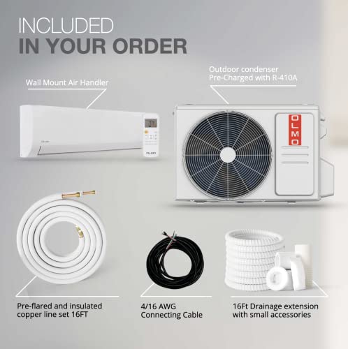 OLMO Alpic 12,000 BTU, 110/120V, 17.4 SEER2, Pre-charged Ductless Mini Split Air Conditioner with Heat Pump Including 16ft Installation Kit