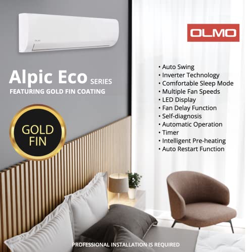 OLMO Alpic 12,000 BTU, 110/120V, 17.4 SEER2, Pre-charged Ductless Mini Split Air Conditioner with Heat Pump Including 16ft Installation Kit