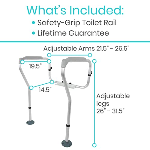 Vive Toilet Rail - Bathroom Safety Frame - Medical Railing Helper for Elderly, Handicap, Disabled, Seniors - Bariatric Assist Handrail Grab Bar - Adjustable Height, Padded Arms Fit Most Toilets