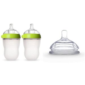 comotomo baby bottle, green, 8 ounce, 2 count and silicone replacement nipple, clear, 6 months, 2 packs
