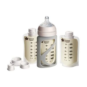 tommee tippee breast milk starter set, compatible with all leading breast pumps, includes breast-like nipples, 3x milk pouch bottle holders, 3x pre-sterilized breastmilk pouches and adapter set