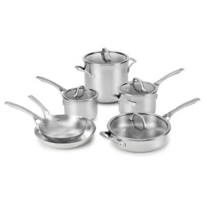calphalon 10-piece pots and pans set, stainless steel kitchen cookware with stay-cool handles, dishwasher safe, silver