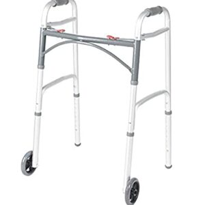 Front Wheeled Walker Folding Deluxe with 2 Button and 5" Wheels, Adjustable Height (Short, Standard, Tall People) by Healthline Trading