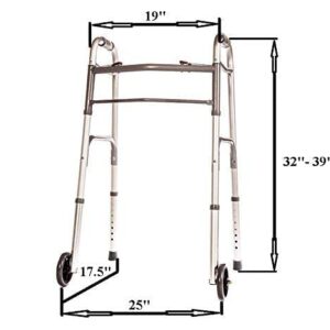 Front Wheeled Walker Folding Deluxe with 2 Button and 5" Wheels, Adjustable Height (Short, Standard, Tall People) by Healthline Trading