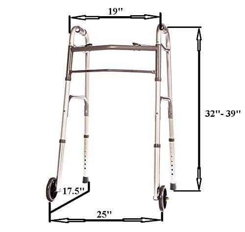 Front Wheeled Walker Folding Deluxe with 2 Button and 5" Wheels, Adjustable Height (Short, Standard, Tall People) by Healthline Trading