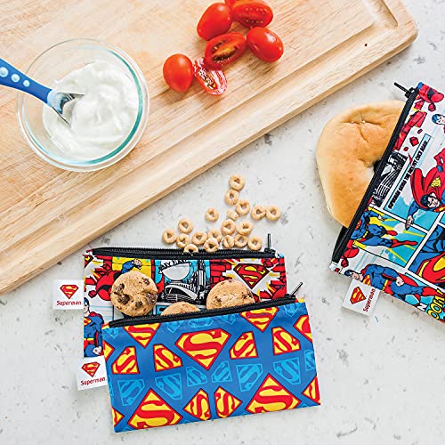 Bumkins Snack Bags, Reusable Fabric, Washable, Food Safe, BPA Free - DC Comics Superman , 7x7 Inch (Pack of 2)