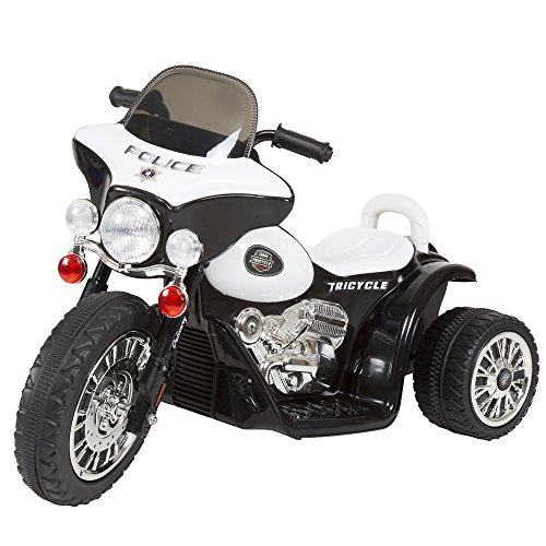 Kids Motorcycle Ride On Toy – 3-Wheel Battery Powered Motorbike for Kids 3 and Up – Police Decals, Reverse, and Headlights by Lil’ Rider (White and Black)