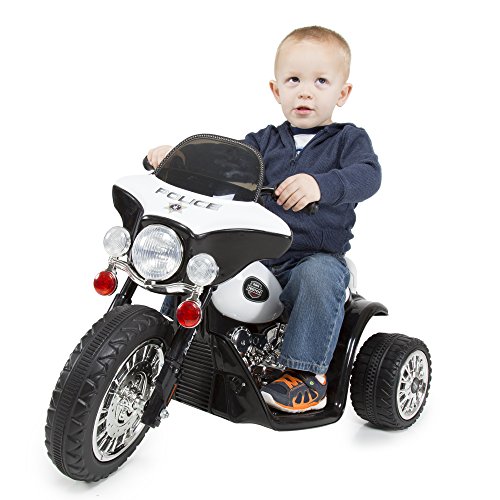 Kids Motorcycle Ride On Toy – 3-Wheel Battery Powered Motorbike for Kids 3 and Up – Police Decals, Reverse, and Headlights by Lil’ Rider (White and Black)