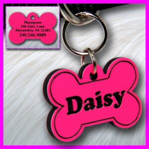 personalized custom engraved plastic pet dog id tag 2-sided bone pink/black