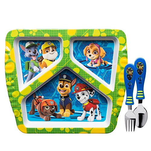 Zak Designs Paw Patrol Dinnerware Set Includes Melamine 3-Section Divided Plate and Utensil Made of Durable Material and Perfect for Kids, 3 Piece Set, Paw Patrol Boys 3pc