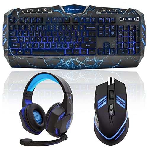 SportsBot SS301 Blue LED Gaming Over-Ear Headset Headphone, Keyboard & Mouse Combo Set w/ 40mm Speaker Driver, Microphone, Multimedia Keys & Window Key Lock, 4 DPI Levels (BLU)