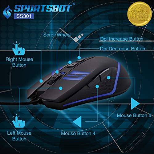 SportsBot SS301 Blue LED Gaming Over-Ear Headset Headphone, Keyboard & Mouse Combo Set w/ 40mm Speaker Driver, Microphone, Multimedia Keys & Window Key Lock, 4 DPI Levels (BLU)