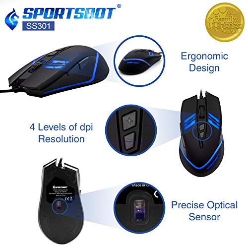 SportsBot SS301 Blue LED Gaming Over-Ear Headset Headphone, Keyboard & Mouse Combo Set w/ 40mm Speaker Driver, Microphone, Multimedia Keys & Window Key Lock, 4 DPI Levels (BLU)