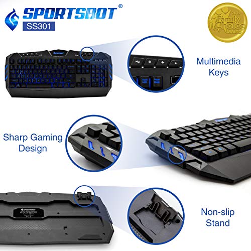 SportsBot SS301 Blue LED Gaming Over-Ear Headset Headphone, Keyboard & Mouse Combo Set w/ 40mm Speaker Driver, Microphone, Multimedia Keys & Window Key Lock, 4 DPI Levels (BLU)