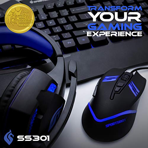 SportsBot SS301 Blue LED Gaming Over-Ear Headset Headphone, Keyboard & Mouse Combo Set w/ 40mm Speaker Driver, Microphone, Multimedia Keys & Window Key Lock, 4 DPI Levels (BLU)