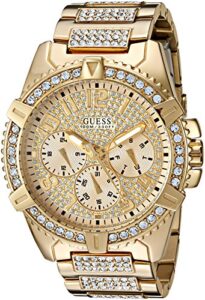 guess stainless steel gold-tone crystal embellished bracelet watch with day, date + 24 hour military/int'l time. color: gold-tone (model: u0799g2)